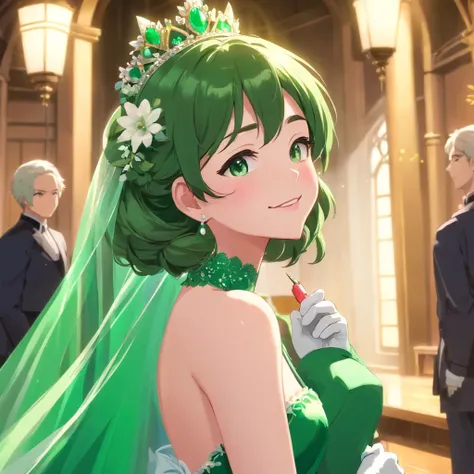 Green Dress Flower Cleanser，Sense of atmosphere, best qualtiy，tmasterpiece，1girll，30-years old，Green dress，Daytime Church，full body Esbian, Green gloves，Very short hair like a man，big breasts beautiful，looking at viewert，ssmile，Green Bridal Veil，Green Long...