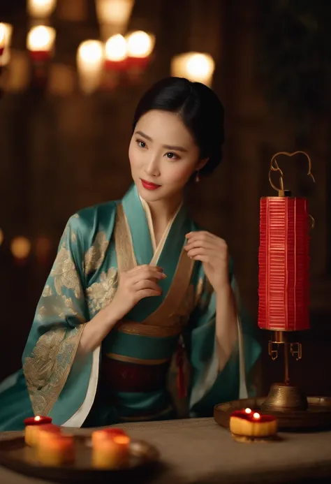 1womanl, 20yr old，((Chinese female celebrity))，Chinese costumes，Gorgeous，the night，Ancient Chinese architecture，Chinese elements，Wooden dining table，((Mid-Autumn Mooncakes))，candlestick，Candle，lantern，((themoon))，