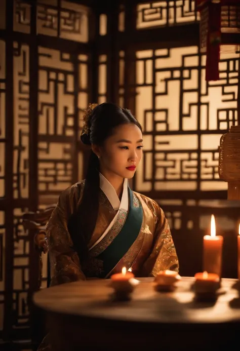 1womanl, 20yr old，((Chinese female celebrity))，Chinese costumes，Gorgeous，the night，Ancient Chinese architecture，Chinese elements，Wooden dining table，((Mid-Autumn Mooncakes))，candlestick，Candle，lantern，((themoon))，