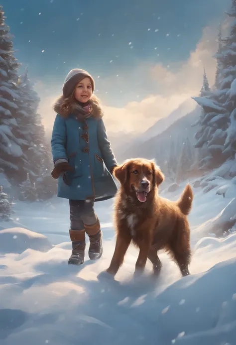 CHILDREN PLAYING IN THE SNOW, WINTER, SNOWING, NATURE, DOG, 8K, resolution concept art portrait by Greg Rutkowski, Artgerm, WLOP, Alphonse Mucha dynamic lighting hyperdetailed intricately detailed Splash art trending on Artstation triadic colors Unreal Eng...