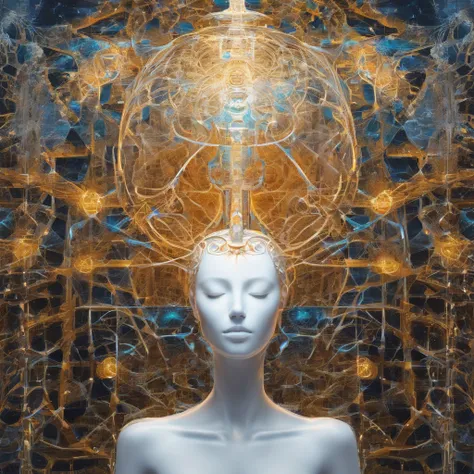 Beautiful symmetrical full body photo painted in oil with thick brushstrokes and wet paint, Fibonacci, golden ratio, melted wax, visible brushstrokes, surrounded by crystal spheres, 3D tessellation wireframe, neural graphic, neurons, tree of life, color, l...