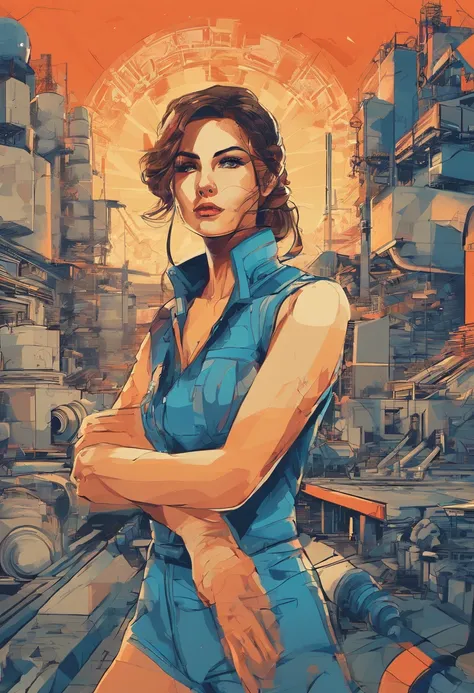 (nvinkpunk:1.2) (snthwve style:0.8), beautiful Russian factory worker, messy medium length brunette hair, blue jump suit, cleavage, dirty, propaganda poster anthro, lightwave, sunset, intricate, highly detailed