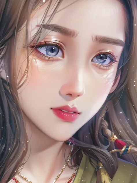 there is a young woman with long hair and a necklace, girl cute-fine-face, with small nose, clear cute face, round nose, jinyoung shin, korean face features, with narrow nose, dilraba dilmurat, 奈良美智, noseless, young adorable korean face, small nose, cute-f...