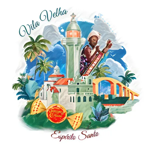 RECREATE THE IMAGE IN WATERCOLORAarafed image of a mosque with a clock tower and a guitar, arte oficial, capa do cd, album cape, album cape, Album art, arte promocional, inspirado em Viktor Oliva, Artwork, cover illustration, album cape, full view, album, ...