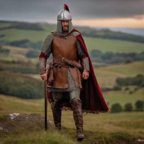 romano-briton soldier, dark age, 450 ad, welsh, brittonic warriors, welsh chieftain, british hillfort, iron age hillfort, chainmail with tartan tunic, late roman ridge helmet,