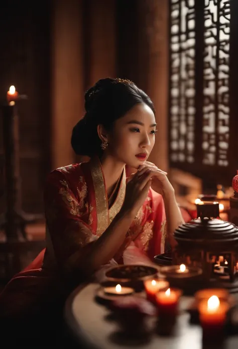 1womanl, 20yr old，((Chinese female celebrity))，The lens is shot from top to bottom，Chinese costumes，Gorgeous，the night，Ancient Chinese architecture，Chinese elements，Wooden dining table，((Mid-Autumn Mooncakes))，candlestick，Candle，lantern，