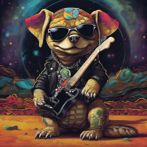 (1 dog （anthropomorphic turtle，））wearing a choker，with tattoos, sunglasses, Black leather jacket,（black glove)，guitar，Psychedelic punk artist