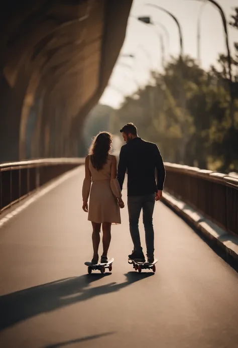 um casal em uma ponte andando de patinete eletrico]