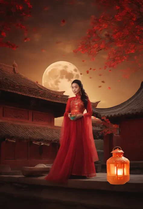 1womanl, 20yr old，((Chinese female celebrity))，The lens is shot from top to bottom，Chinese costumes，Gorgeous，the night，Ancient Chinese architecture，Chinese elements，Wooden dining table，((Mid-Autumn Mooncakes))，candlestick，Candle，lantern，