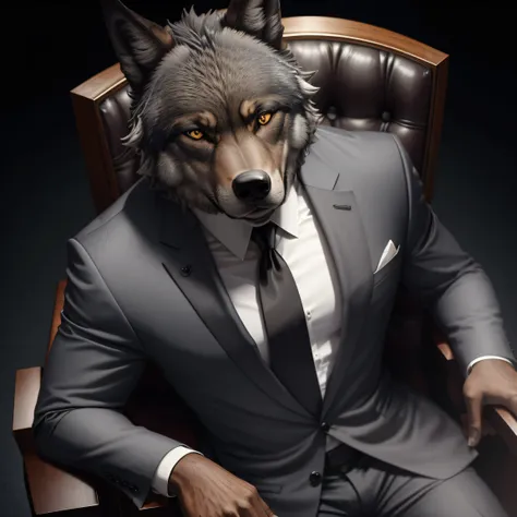 close up, symmetric portrait, black male wolf-headed (gray wolf) man in suit，sitting in a business manager chair