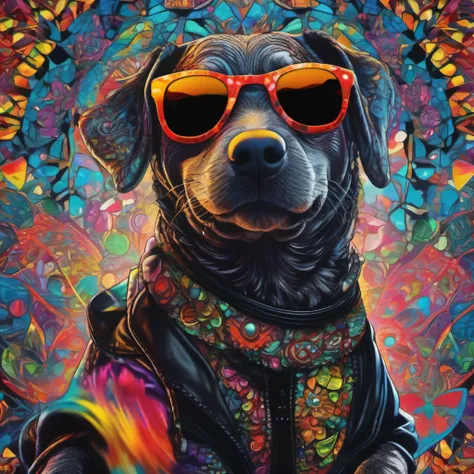 (1 dog （anthropomorphic turtle，））wearing a choker，with tattoos, sunglasses, Black leather jacket,（black glove)，guitar，Psychedelic punk artist，Vivid colors, rim-light, Extremely detailed Cg Unity 8K wallpaper, trending on artstationh, Yayoi Kusamas pop art ...