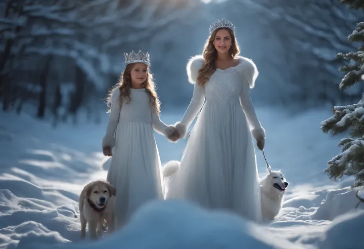 MOTHER AND LITTLE DAUGHTERS DRESSED AS WINTER PRINCESSES, WEARING WINTER CROWNS AND WHITE PRINCESS DRESSES, NATURE, WINTER, NIGHTTIME, SNOWING, DOG, 8K, resolution concept art portrait by Greg Rutkowski, Artgerm, WLOP, Alphonse Mucha dynamic lighting hyper...