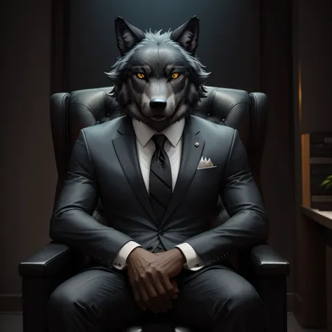 symmetric portrait, black male wolf-headed (gray wolf) man in suit, sitting in a business manager chair