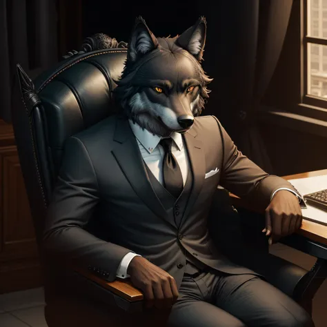 symmetric portrait, black male wolf-headed (gray wolf) man in suit, sitting in a business manager chair