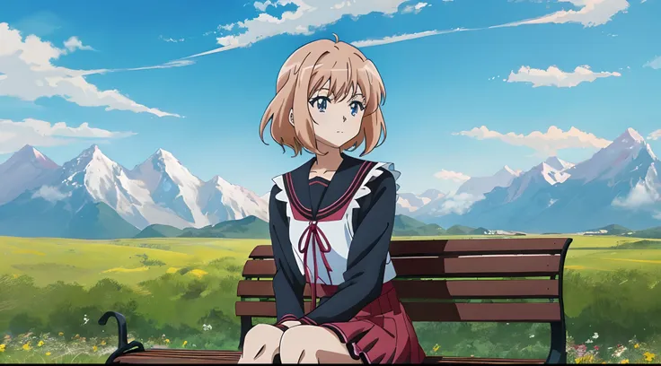 A woman sits on a bench，The background is high mountains, a beautiful anime portrait, anime vibes, anime visual of a cute girl, animeaesthetic, Style anime, Anime girl, Beautiful anime style, animeaesthetic, (Anime girl), High quality anime art style, styl...