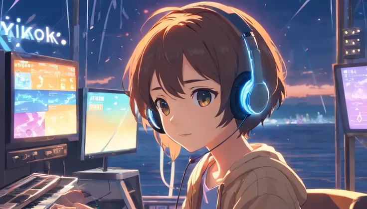 Girl listening to music with a headset,ela usa roupas americanas, chuva na janela. wallpaper