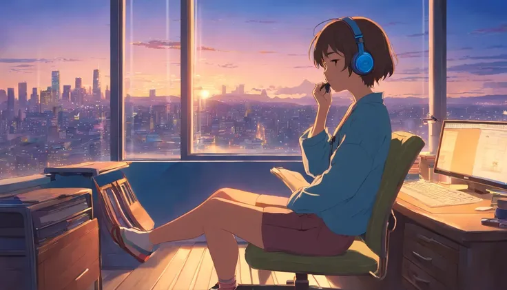 portlate、512、lo-fi、Girl in headphones sitting on a chair、Napping at your desk、Eyes closed、City view outside the window、early evening、PastelColors、Painting