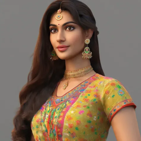 A 20 years old Indian girl in kurthi with beautiful face of an south indian and feminine body structure with frim boobs with some graphical designs on the kurthi