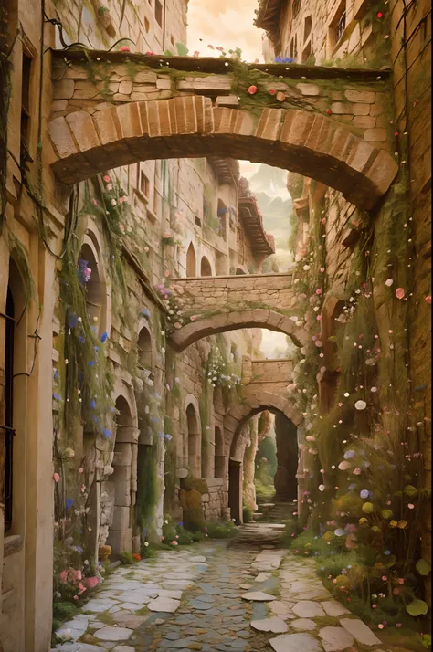 an ancient road in theelven city of Rivendell, lord of the rings, many flowers, photograpy hyperrealism,