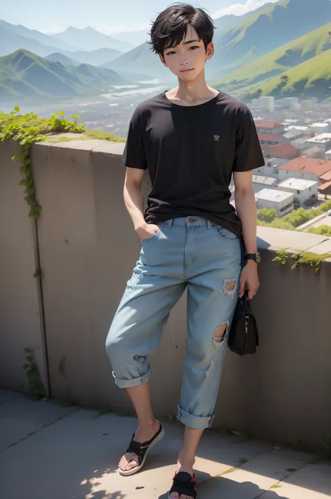 Best Quality, 超A high resolution, 12year old, One boy and a white puppy, White Jack Russell, Solo, Short black hair, Black eyes, Black shirt, Short denim pants　innocent smiles　Street, (Externally expanded Chest: 1.2)　On a hill with a view　Cityscape with be...