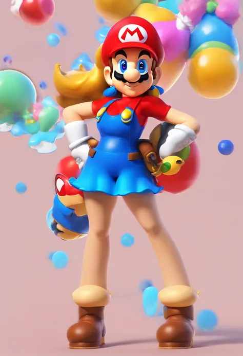 Woman (Mario), design de personagens, Nintendo Super Mario, (olhos azuis, red hat, terno vermelho, blue suspenders, luvas brancas, )super bonito estilo caixa cega, Chibi, corpo inteiro, exaggerated expressions and actions, fundo limpo, Destaques iridescent...