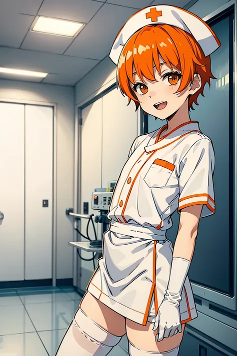 1 boy, nurse, nurse cap, whiteware, ((white legwear, zettai ryouiki)), white gloves, short short hair, orange hair, smile, open ...