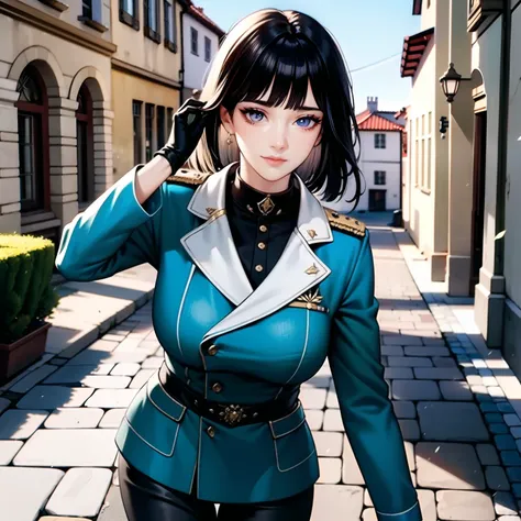 One lonely young adult girl, Tall stature, little chest, closed mouth, Slavic appearance: purple eyes; dark blue hair; sharp facial features; dimple on the chin; Straight nose; high nose; pronounced high cheekbones; high forehead, stands upright, wears a m...