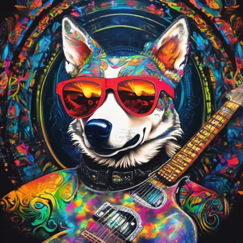 (1 wolf dog （anthropomorphic turtle））wearing a choker，with tattoos, sunglasses, Black leather jacket,（black glove)，guitar，Psychedelic punk artist，Vivid colors, rim-light, Extremely detailed Cg Unity 8K wallpaper, trending on artstationh, Yayoi Kusamas pop ...