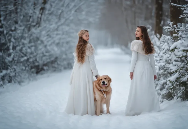 LITTLE WINTER PRINCESSES, WEARING WHITE PRINCESSES DRESSES, WINTER, SNOWING, NATURE, DOG, 8K, 8K, intricate details, HDR, beautifully shot, realistic, sharp focus, 64 megapixels, perfect composition, high contrast, cinematic, 8K