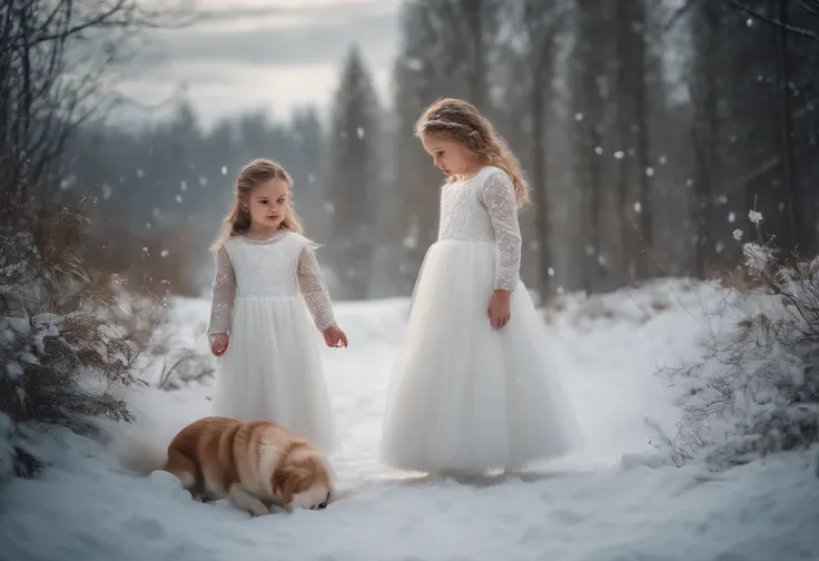 LITTLE WINTER PRINCESSES, WEARING WHITE PRINCESSES DRESSES, WINTER, SNOWING, NATURE, DOG, 8K, 8K, intricate details, HDR, beautifully shot, realistic, sharp focus, 64 megapixels, perfect composition, high contrast, cinematic, 8K