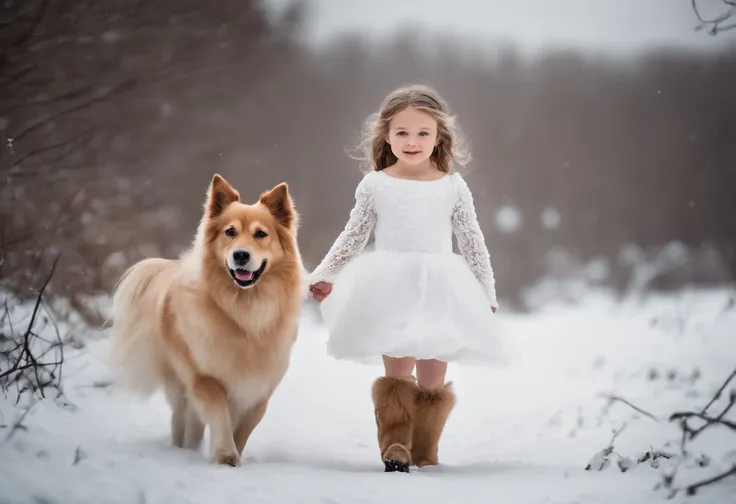 LITTLE WINTER PRINCESSES, WEARING WHITE PRINCESSES DRESSES, WINTER, SNOWING, NATURE, DOG, 8K, 8K, intricate details, HDR, beautifully shot, realistic, sharp focus, 64 megapixels, perfect composition, high contrast, cinematic, 8K