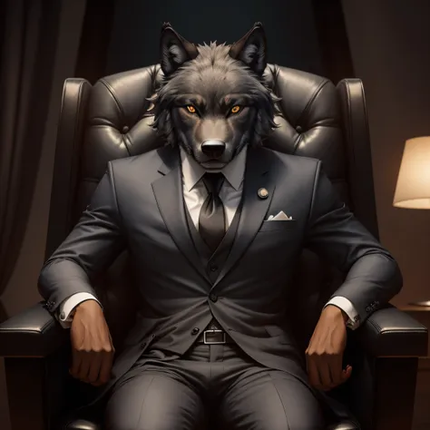 symmetric portrait, black male wolf-headed (gray wolf) man in suit, sitting in a business manager chair