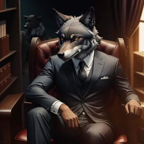 symmetric portrait, black male wolf-headed (gray wolf) man in suit, sitting in a business manager chair