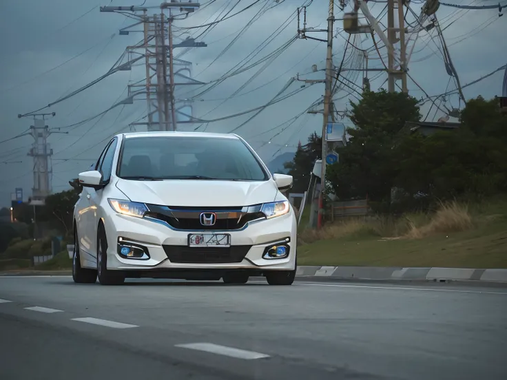 Alafid view of a white Honda car driving on Tokyo Road, frontage, front side full, front profile shot, wide portrait, “wide shot, a wide full shot, front footage, front portrait, super wide shot, wide long shot, Full width, wide wide shot, Frontal shot, su...