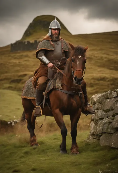 pictish soldier, dark age, 450 ad, pict, pictish warriors, pictish chieftain, pictish fort, iron age hillfort, tartan tunic, ridge helmet, riding a horse, woad tattos,