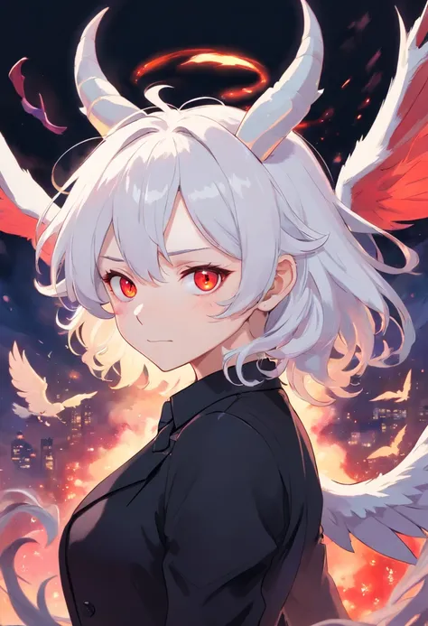 , 1demon,With small wings on its back, white wings, long ears, messy hair, albino red eyes, black suit, black hair, multicolored hair, white hair