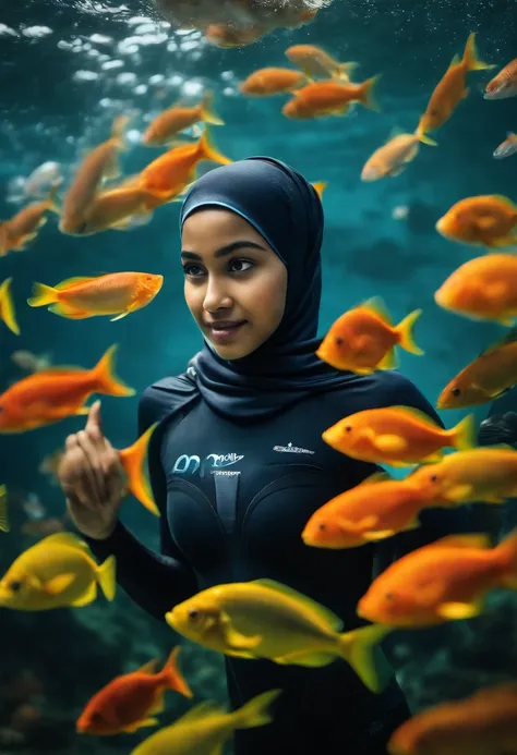 Compose a breathtaking underwater photograph featuring a Malay girl in a hijab and wetsuit, joyfully swimming amidst a large school of colorful fish in the ocean. Capture the fluidity of her swim movement and the genuine happiness on her face as she intera...