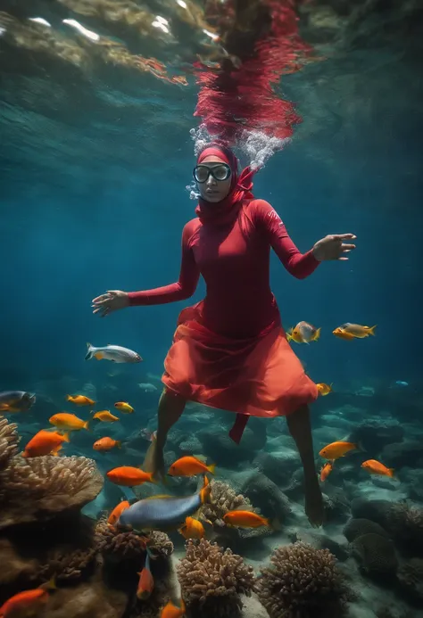 Compose a breathtaking underwater photograph featuring a Malay girl in a hijab and wetsuit, joyfully swimming amidst a large school of colorful fish in the ocean. Capture the fluidity of her swim movement and the genuine happiness on her face as she intera...