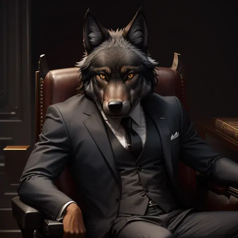 symmetric portrait, black male wolf-headed (gray wolf) man in suit, sitting in a business manager chair