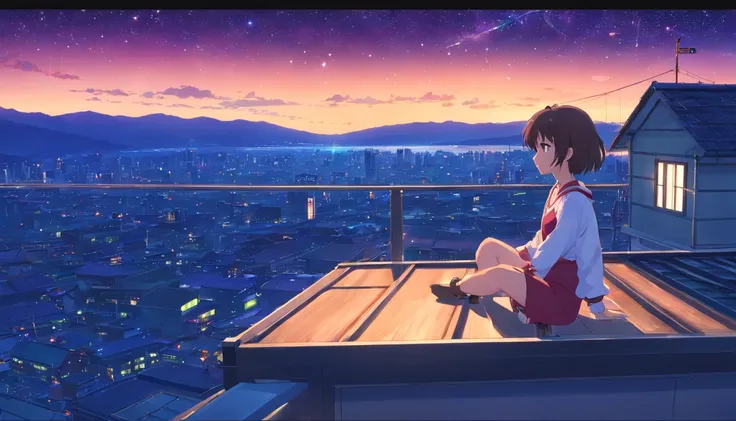 1 girl，outdoor, evening, starry sky, panoramic view, scenery, horizon, roof, sitting on the roof, wind, Extradimensional, CMYK, HSV, ProPhoto RGB, Sphere, Star Prism, Hypercube, Hyperprism, Hypertorus, Flexible Polyhedron, Klein bottle