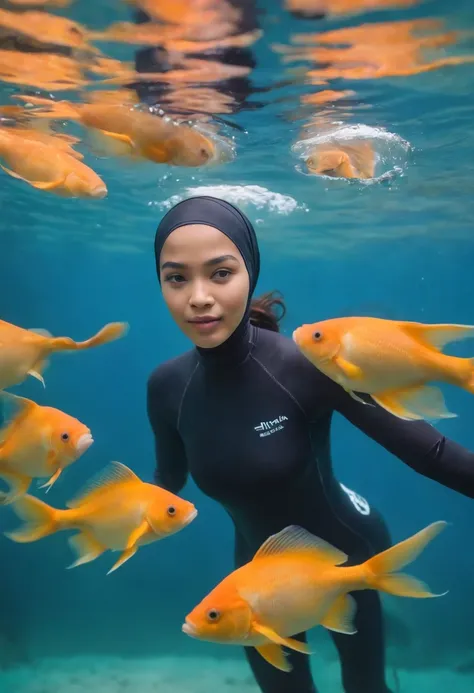 Compose a breathtaking underwater photograph featuring a Malay girl in a hijab and wetsuit, joyfully swimming amidst a large school of colorful fish in the ocean. Capture the fluidity of her swim movement and the genuine happiness on her face as she intera...