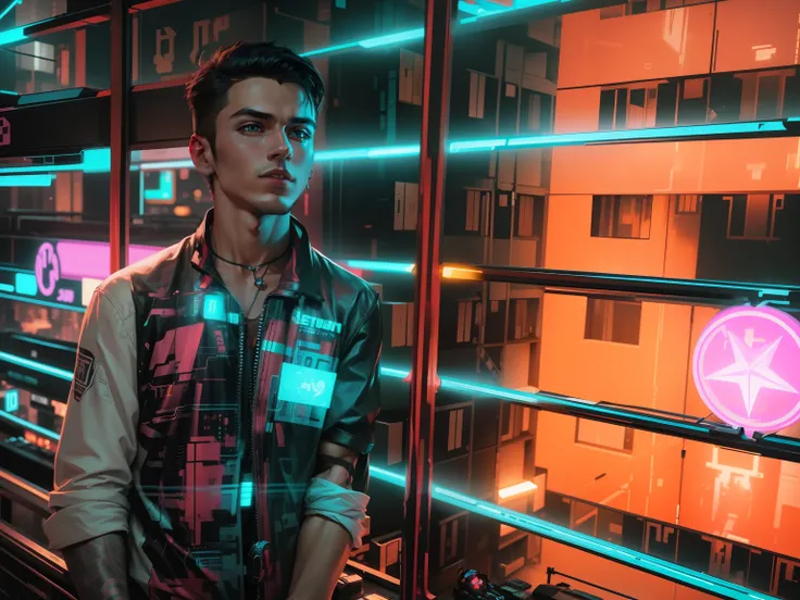 Change background to neon background, cyberpunk, handsome, smart boy, ultra realistic