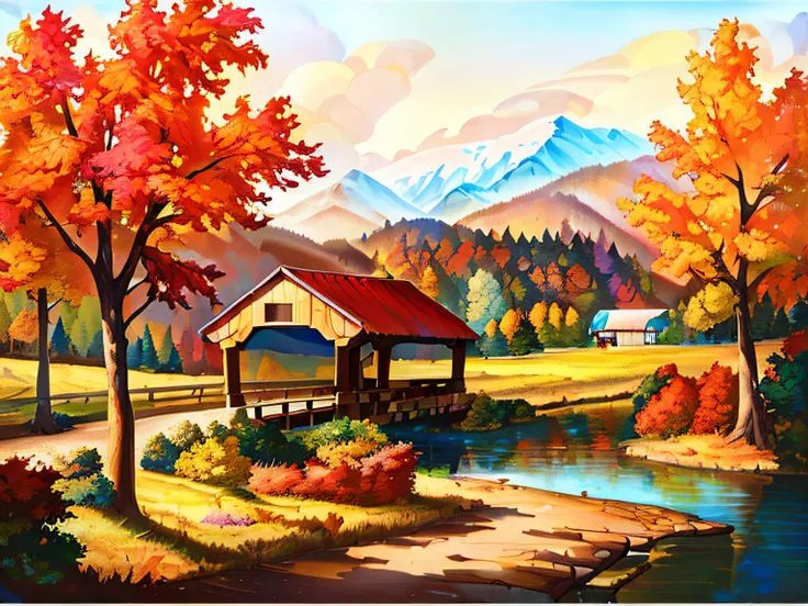 painting of a covered bridge in a rural setting with a mountain in the background, covered bridge, scenery artwork, rural splend...