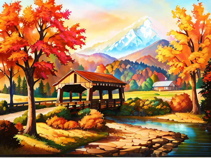 painting of a covered bridge in a rural setting with a mountain in the background, covered bridge, scenery artwork, rural splendor, scenery art detailed, vibrant gouache painting scenery, detailed scenic view, hildebrandt, detailed digital artwork, rich pi...