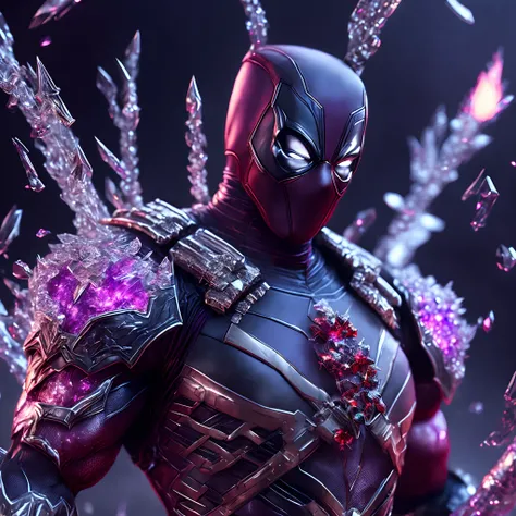 Close-up ( Crystal Deadpool from Marvel in Goth style: 1.3) emerging from the precious crystal world, extremely detailed, ice storm, sparks, metal shavings, flying debris, volumetric light