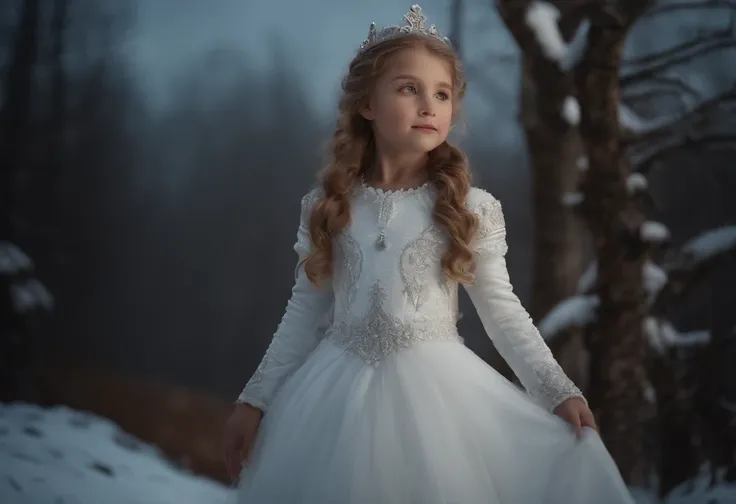 6 YEAR OLD WINTER PRINCESSES, WEARING WHITE PRINCESSES DRESSES, WINTER, SNOWING, NATURE, WHITE WOLVES, 8K, detailed matte painting, deep color, fantastical, intricate detail, splash screen, complementary colors, fantasy concept art, 8k resolution trending ...