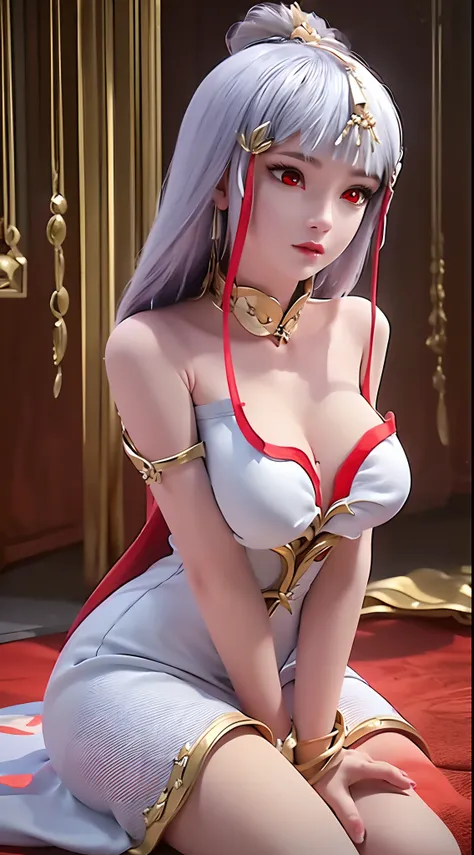 "A beautiful 20 year old young woman, (((sexy slim dress:1.6))), the body is balanced and plump, white dress with red trim, platinum hair color, platinum bangs, the most beautiful and detailed hair jewelry, extremely round shape and face beautiful, thin ey...