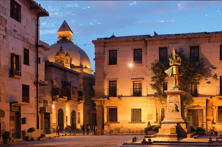 photography of an egyptian square, with the pyramid in the background and a statue of an egyptian god, at dawn, dramatic sky