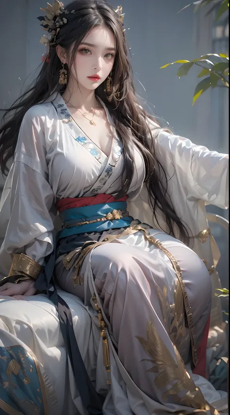 Photorealistic, high resolution, 1 woman, hips up, Beautiful eyes, Long hair, ringed eyes, jewelry, tattoo, hanfu, Chinese fairy, taoist uniform