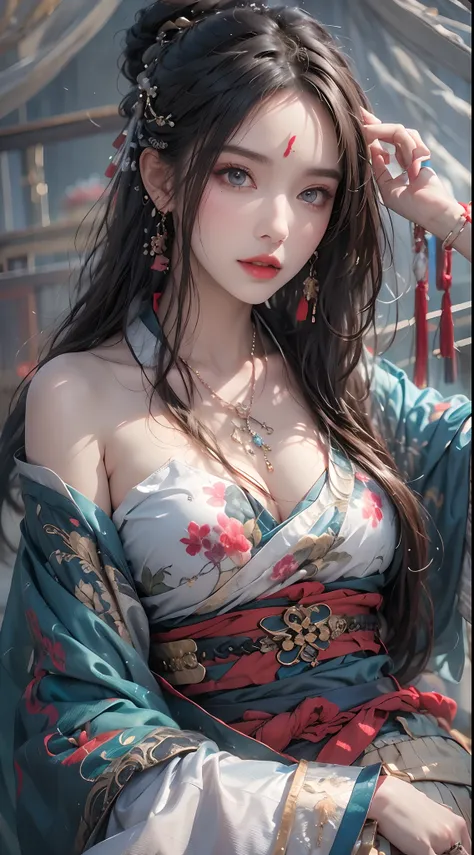 Photorealistic, high resolution, 1 woman, hips up, Beautiful eyes, Long hair, ringed eyes, jewelry, tattoo, hanfu, Chinese fairy, taoist uniform